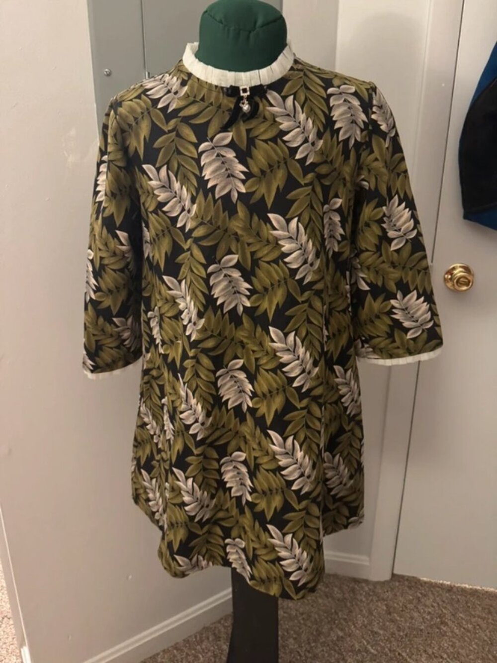 Green Leafy Dress with White Ruffle
